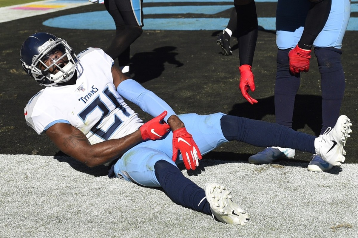 Tennessee Titans cornerback Malcolm Butler (21) reacts after being hurt defending on a touchdown by Carolina Panthers wide receiver Curtis Samuel (10) (not pictured) in the second quarter at Bank of America Stadium.