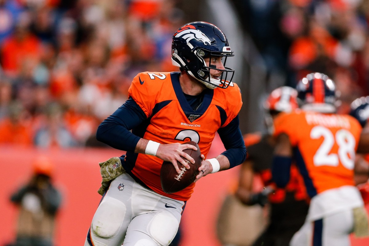 Denver Broncos quarterback Brandon Allen (2) looks to pass in the third quarter against the Cleveland Browns at Empower Field at Mile High.