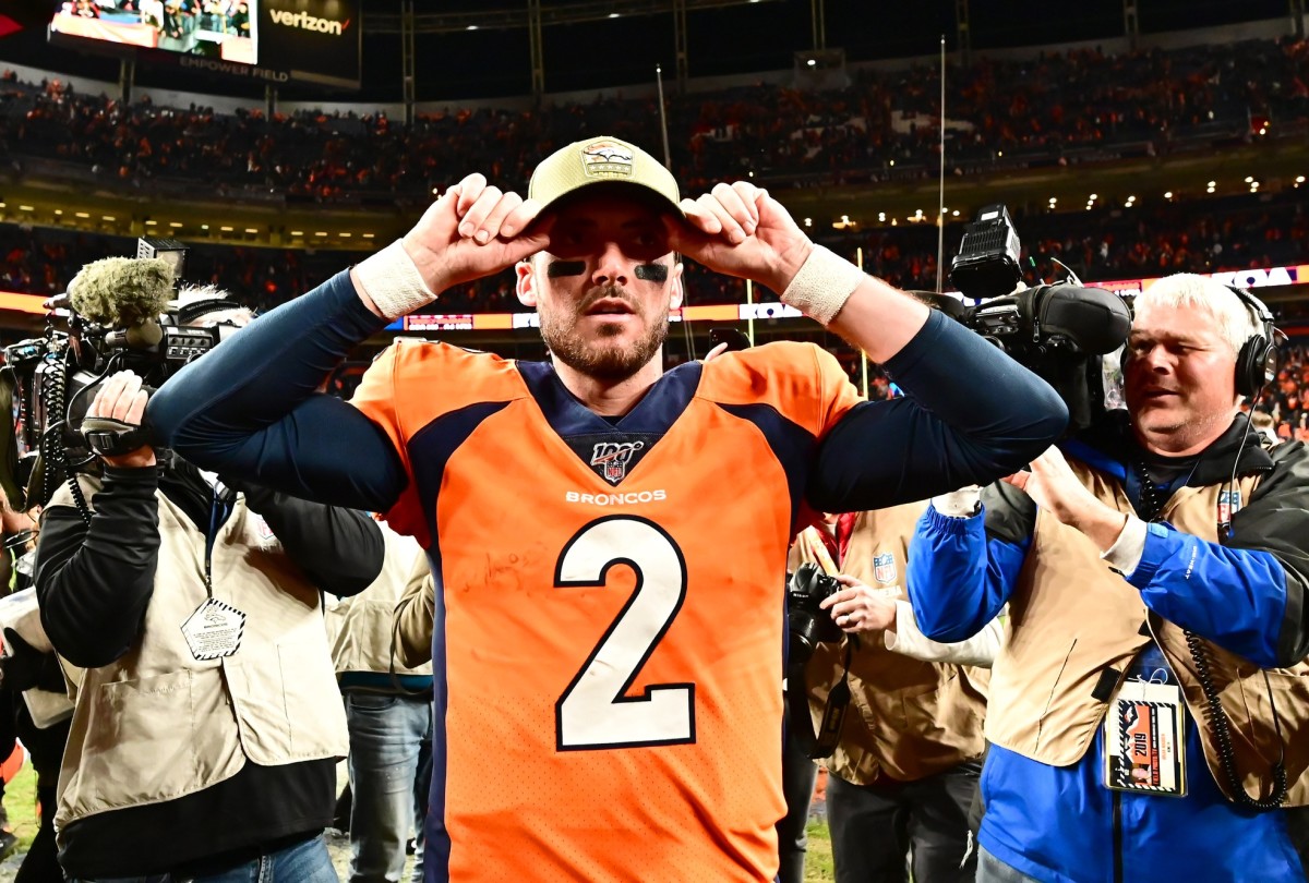 Denver Broncos quarterback Brandon Allen (2) following the win over the Cleveland Browns at Empower Field at Mile High.