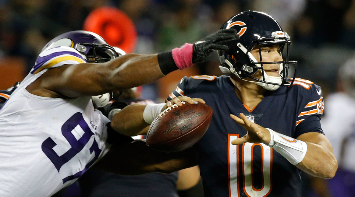 Rookie Mitchell Trubisky gave up a strip sack in the second quarter before throwing a costly interception late in his debut.