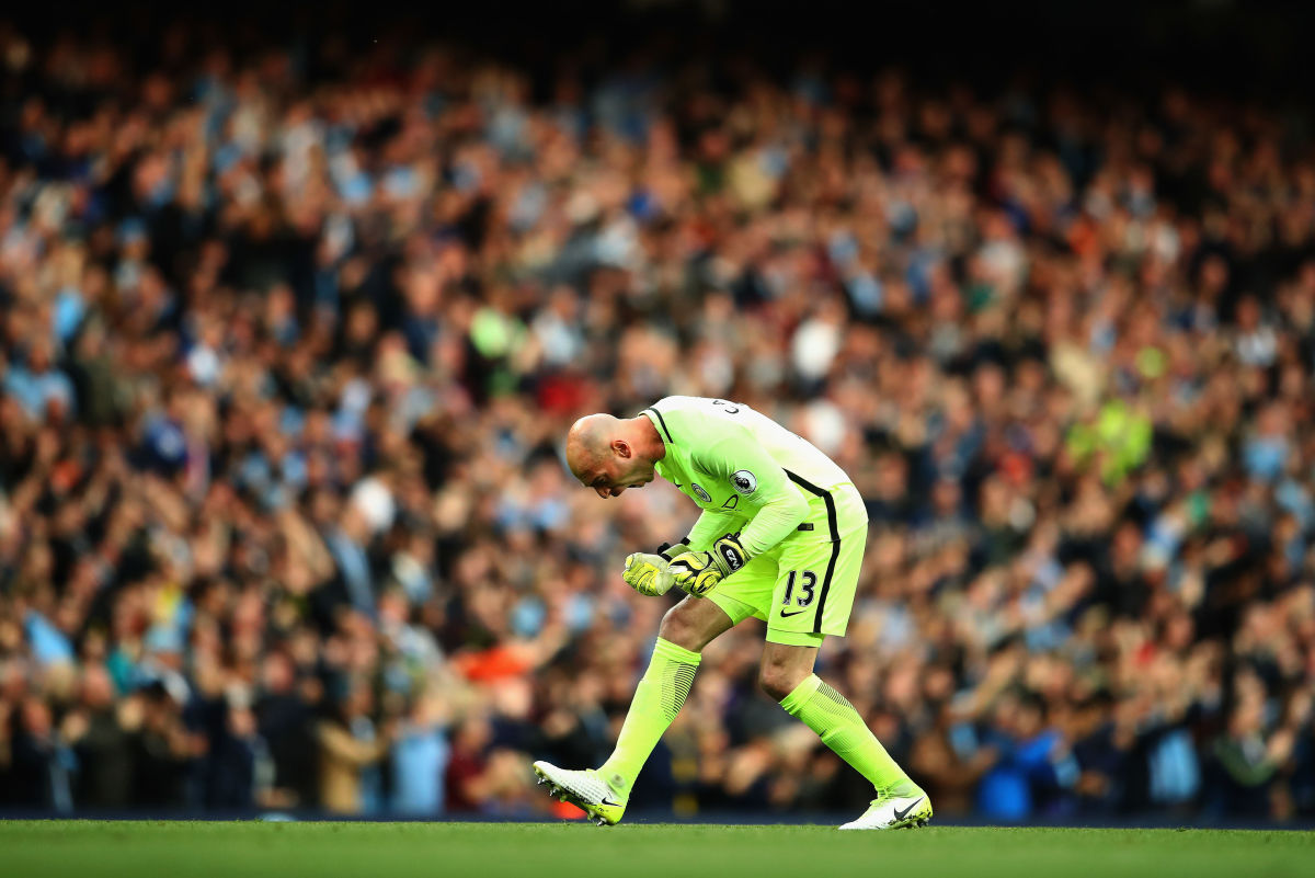 MANCHESTER, ENGLAND - MAY 16:  Willy Caballero of Manchester City celebrates a goal during the Premier League match between Manchester City and West Bromwich Albion at Etihad Stadium on May 16, 2017 in Manchester, England.  (Photo by Clive Mason/Getty Images)