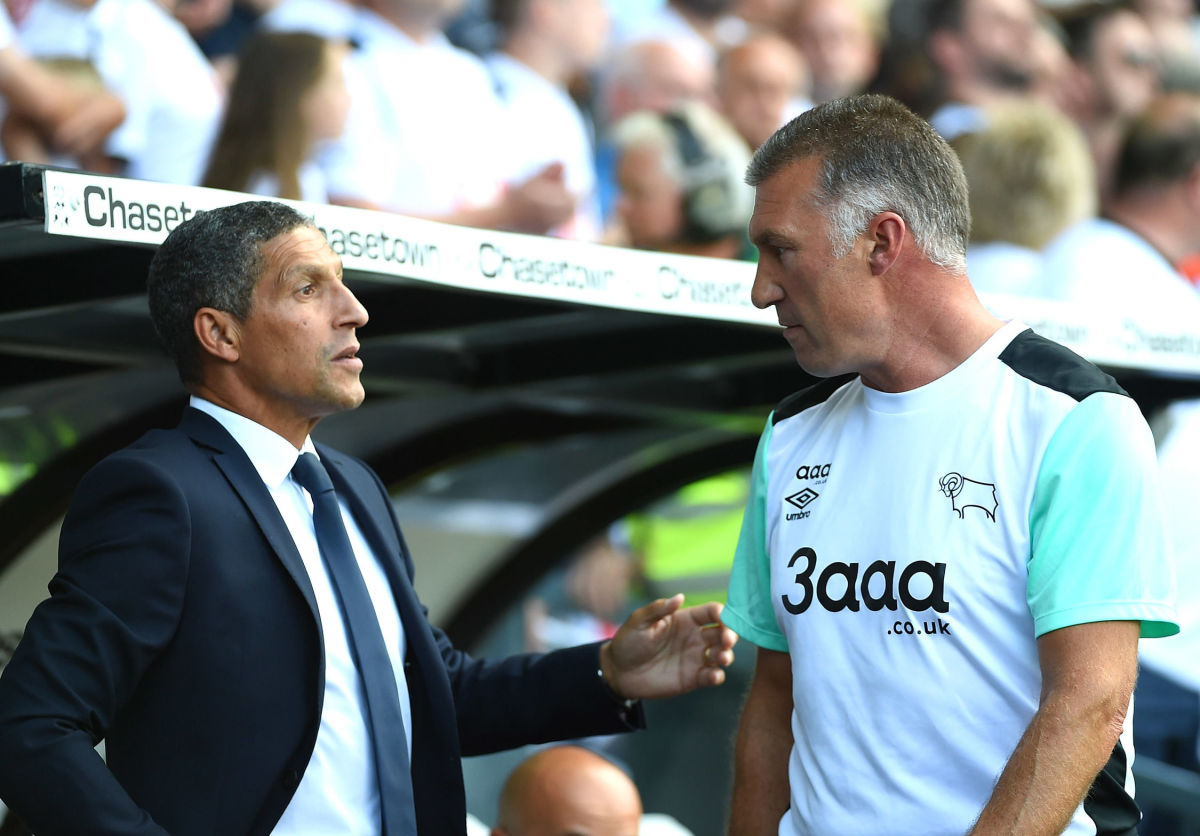 DERBY, ENGLAND - AUGUST 06:  Manager of Derby County, Nigel Pearson (R) and manager of Brighton & Hove Albion, Chris Hughton (L) chat prior to the Sky Bet Championship match between Derby County and Brighton & Hove Albion at the iPro Stadium on May 06, 2016 in Derby, England.  (Photo by Tom Dulat/Getty Images)