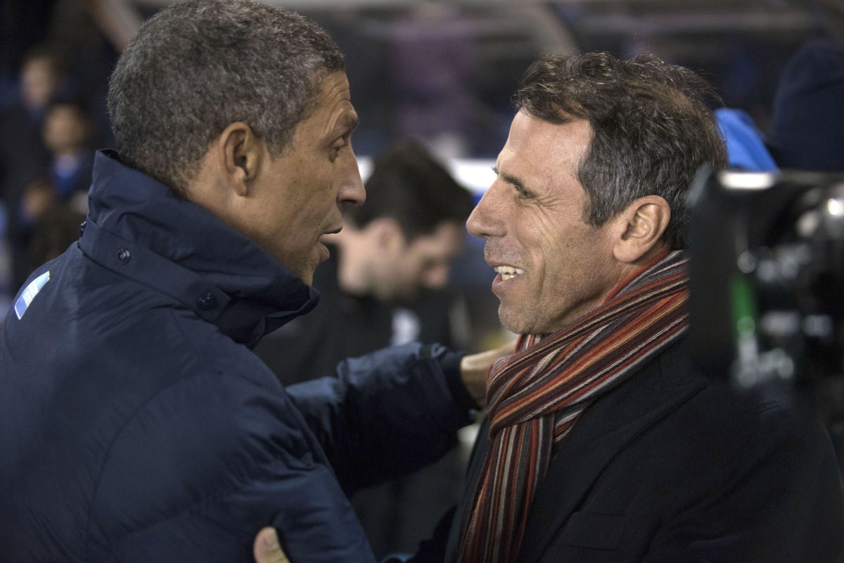 BIRMINGHAM, ENGLAND-DECEMBER 17: Gianfranco Zola manager of Birmingham City and Chris Hughton manager of Brighton & Hove Albion greet each other before the Sky Bet Championship match between Birmingham City and Brighton & Hove Albion at St Andrews Stadium on December 17, 2016 in Birmingham, England (Photo by Nathan Stirk/Getty Images).