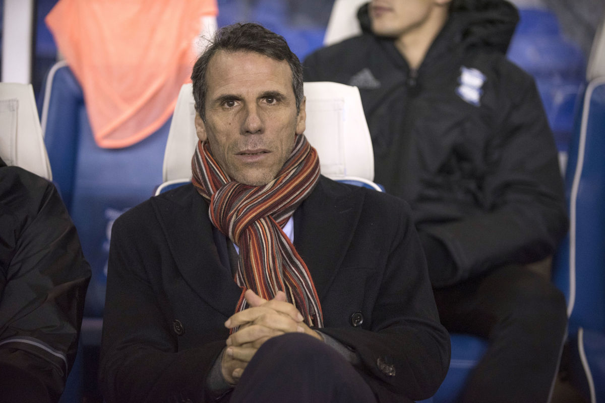 BIRMINGHAM, ENGLAND-DECEMBER 17: Gianfranco Zola manager of Birmingham City looks on during the Sky Bet Championship match between Birmingham City and Brighton & Hove Albion at St Andrews Stadium on December 17, 2016 in Birmingham, England (Photo by Nathan Stirk/Getty Images).