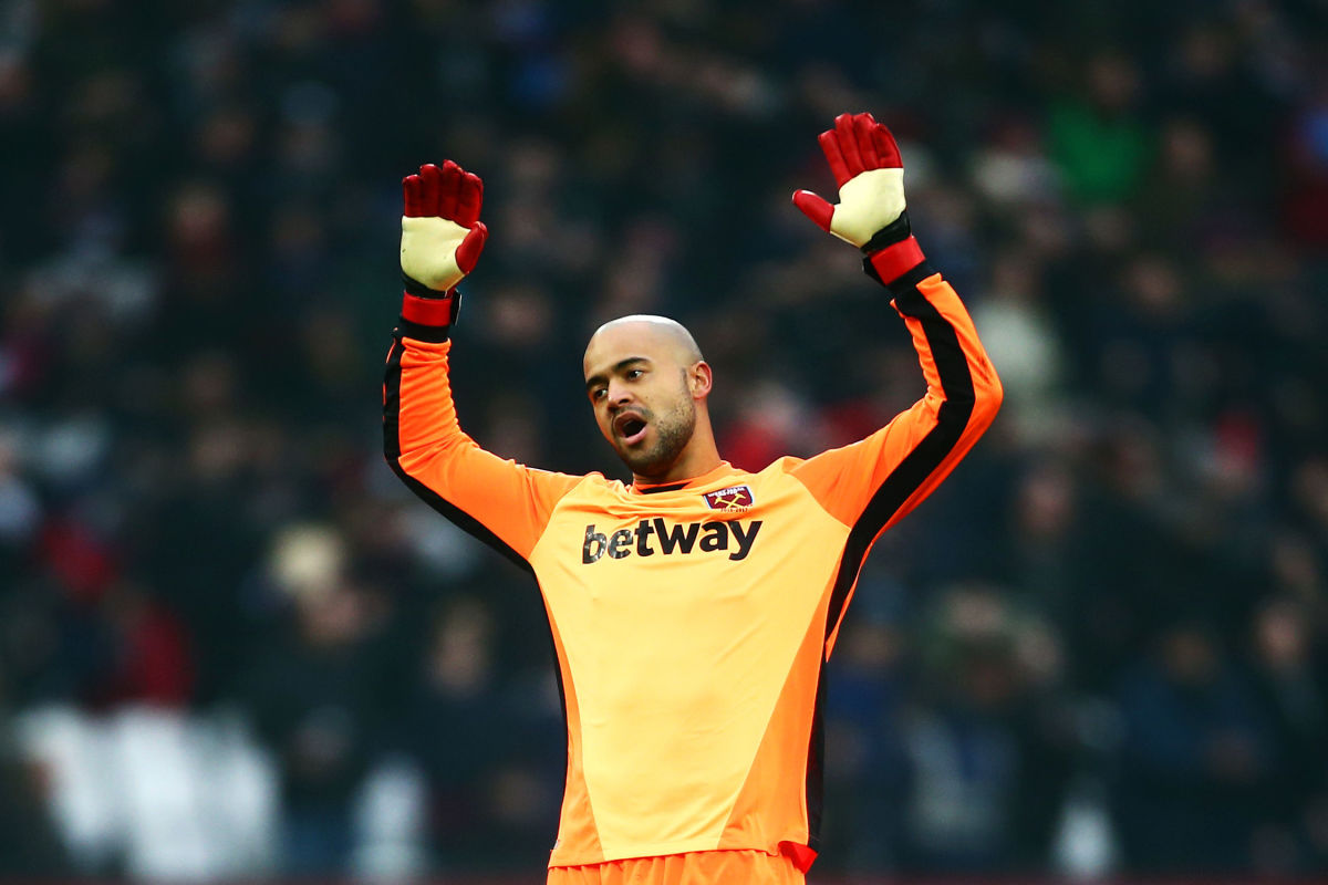 STRATFORD, ENGLAND - FEBRUARY 11: Darren Randolph of West Ham United reacts during the Premier League match between West Ham United and West Bromwich Albion at London Stadium on February 11, 2017 in Stratford, England.  (Photo by Jordan Mansfield/Getty Images)
