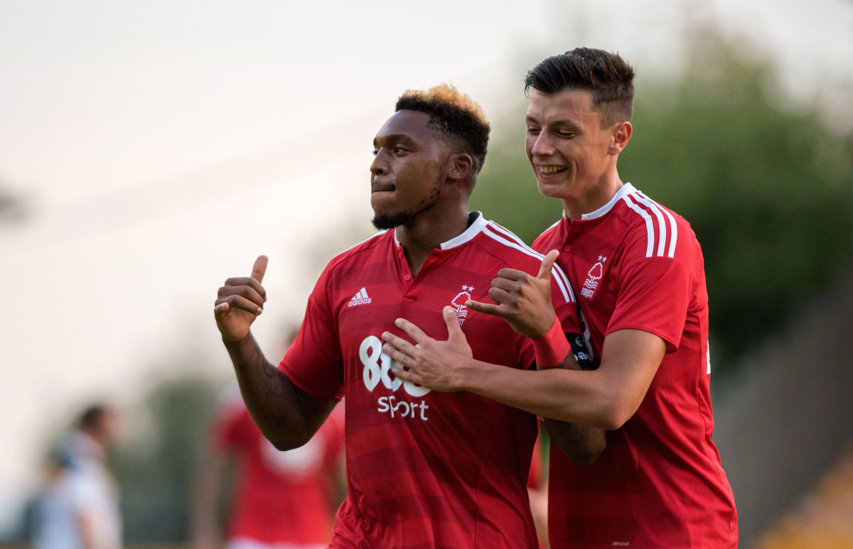 BURSLEM, ENGLAND - JULY 19: Britt Assombalonga celebrates scoring Nottingham Forest second goal during the Pre-Season Friendly between Port Vale and Nottingham Forest at Vale Park on July 19, 2016 in Burslem, England. (Photo by Nathan Stirk/Getty Images)