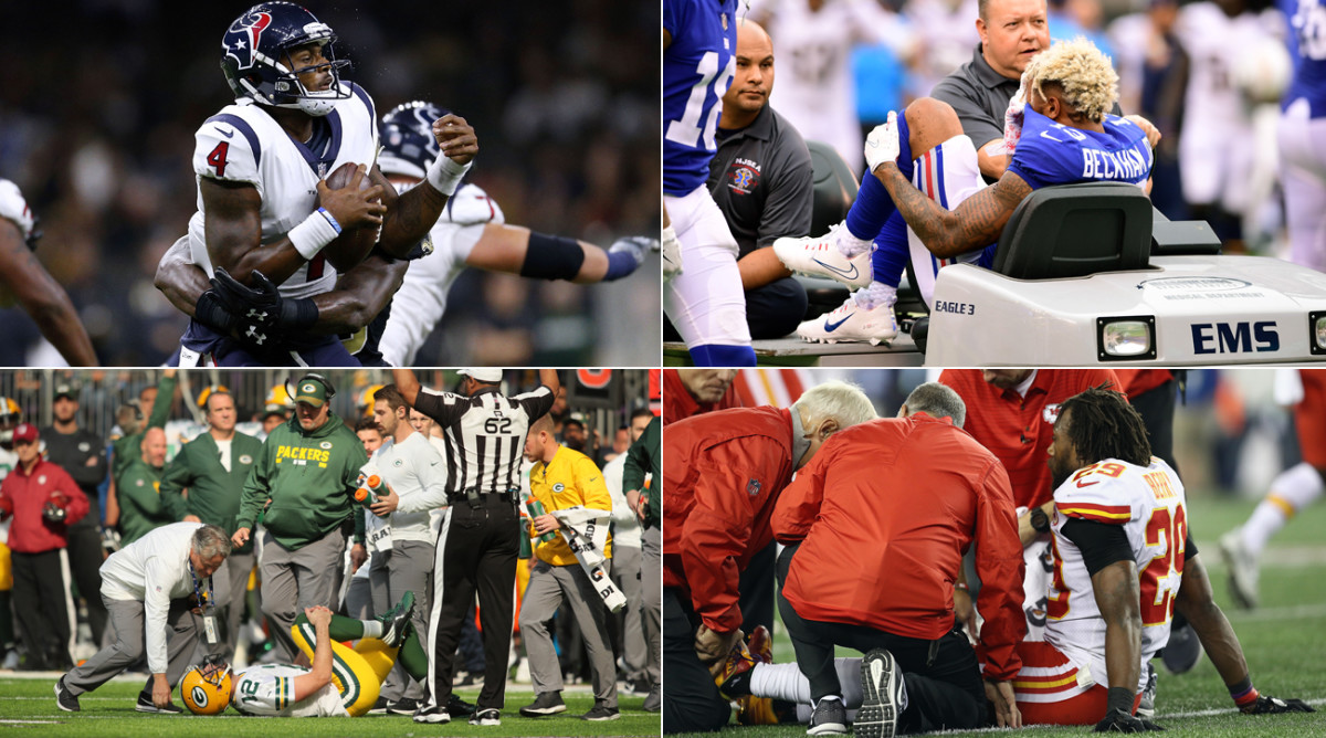 (Clockwise, from top left) Deshaun Watson, Odell Beckham, Eric Berry and Aaron Rodgers all have suffered significant injuries in the 2017 season.