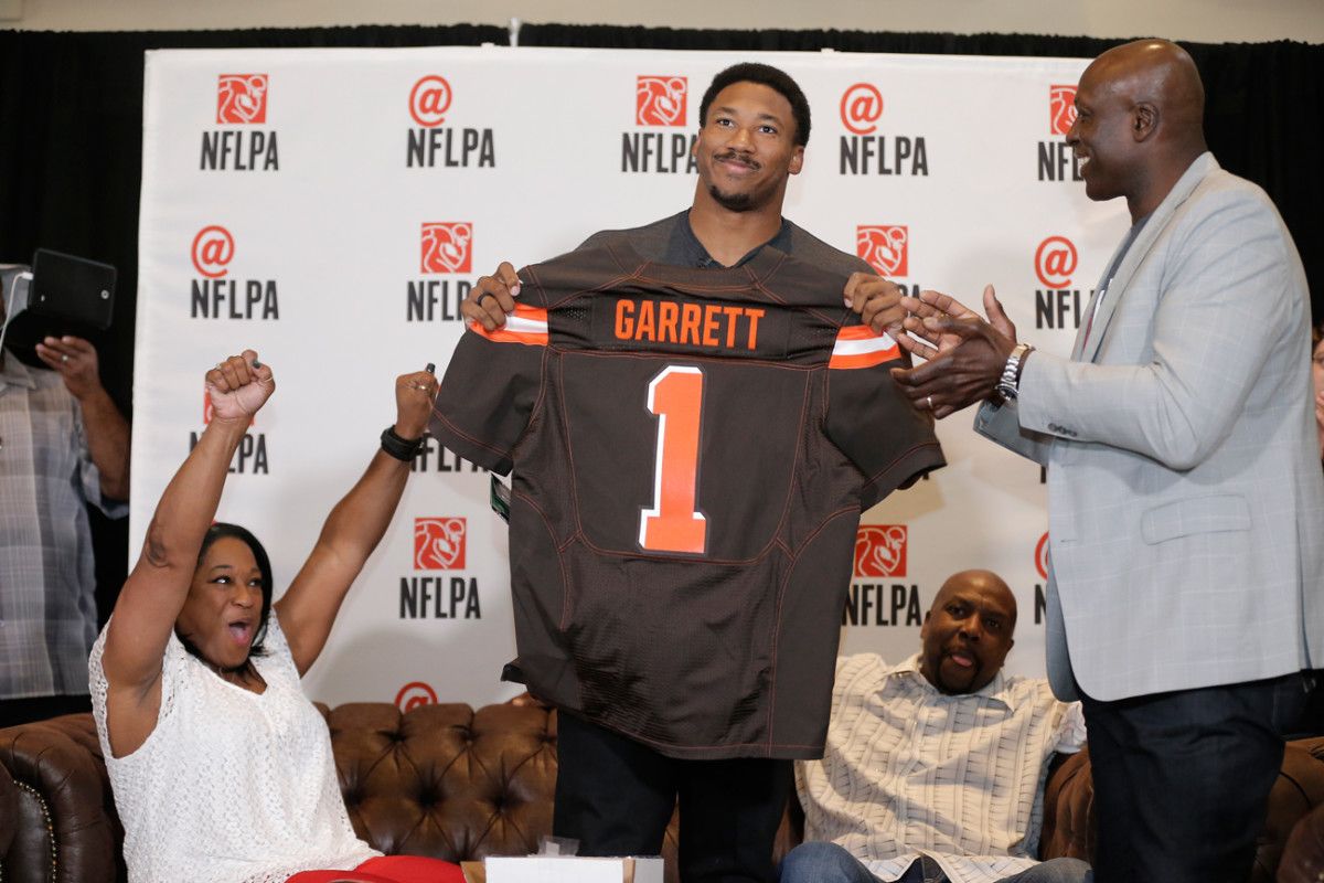Myles Garrett celebrated his selection as the No. 1 overall pick at an NFLPA party in Arlington, Texas.