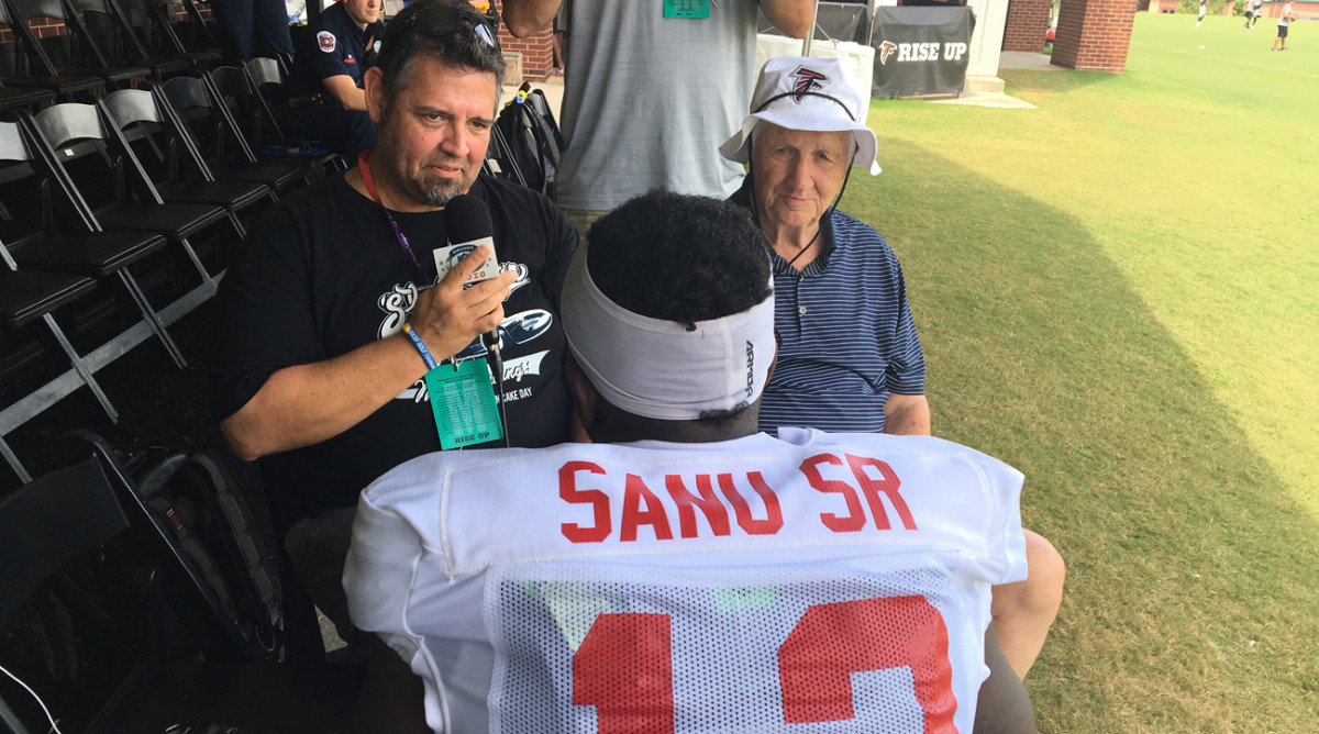 Alex Marvez (left) and Gil Brandt interview Mohamed Sanu during a recent visit to Falcons camp.