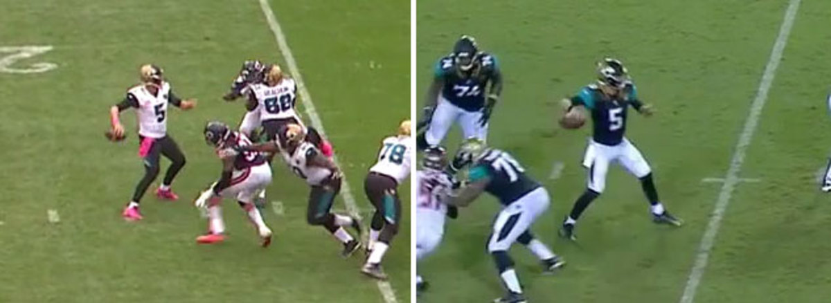 On the left is a throw from Bortles’s 2016 season; on the right is from last week’s game vs. Tampa Bay.