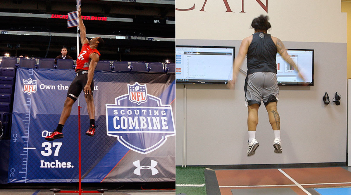 The vertical jump measuring stick, used here by Kenny Britt in 2009, may soon give way to force plates that measure how high a player can jump before he has even touched down.