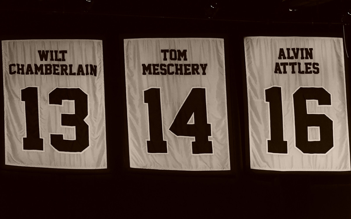 Meschery's number hangs from the rafters among lofty company at Oracle Arena.