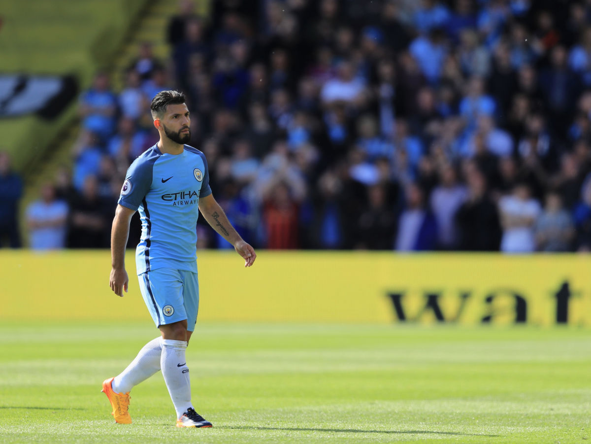 WATFORD, ENGLAND - MAY 21: Sergio Aguero of Manchester City looks on during the Premier League match between Watford and Manchester City at Vicarage Road on May 21, 2017 in Watford, England.  (Photo by Richard Heathcote/Getty Images)