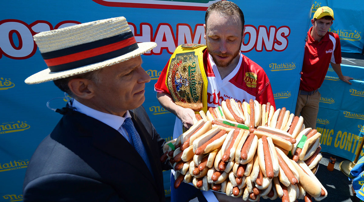 George Shea and Joey Chestnut on July 4, 2016. 