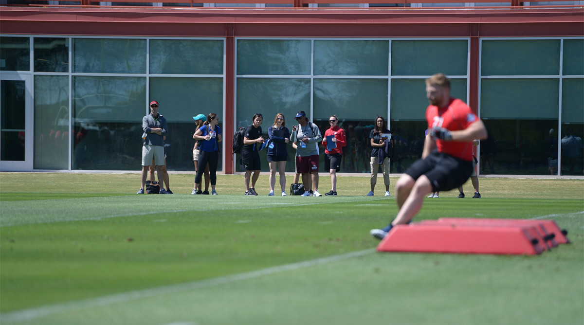 Katie Sowers (third from left, in black) participates in the NFL Pro Player Combine as a scout. 