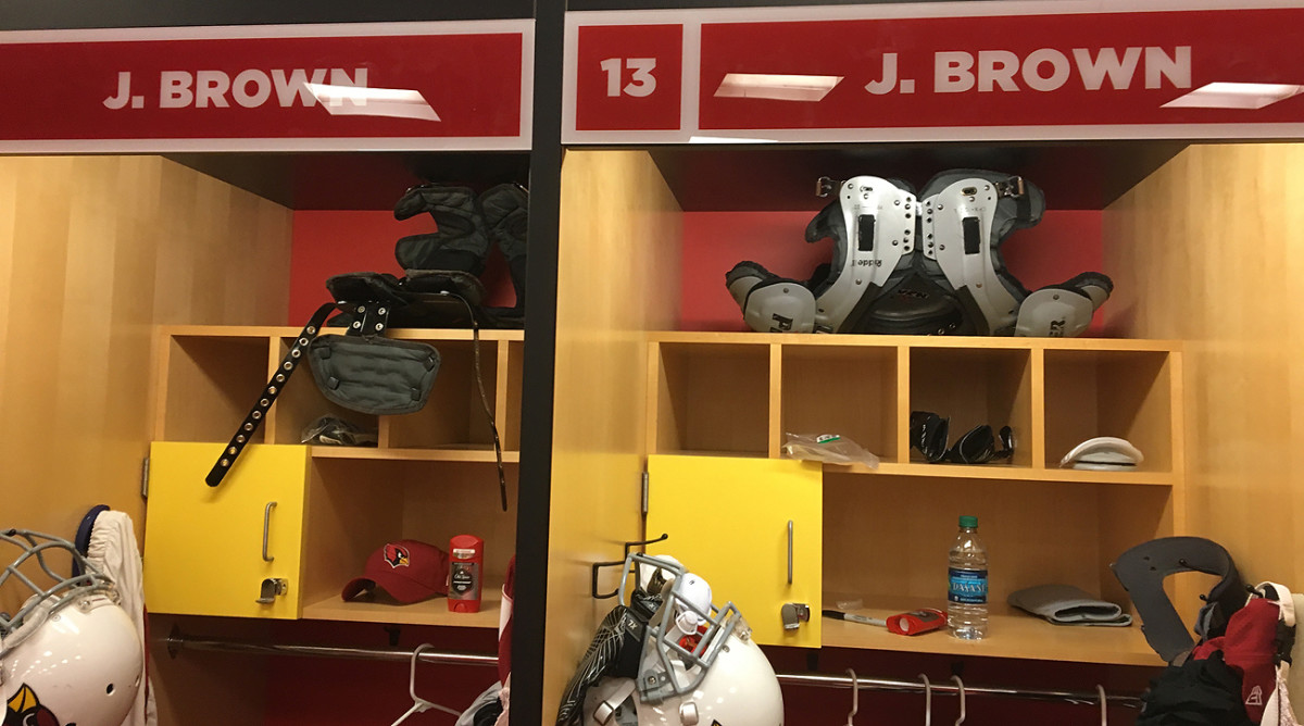 John Brown and Jaron Brown share neighboring lockers at the Cardinals facility.