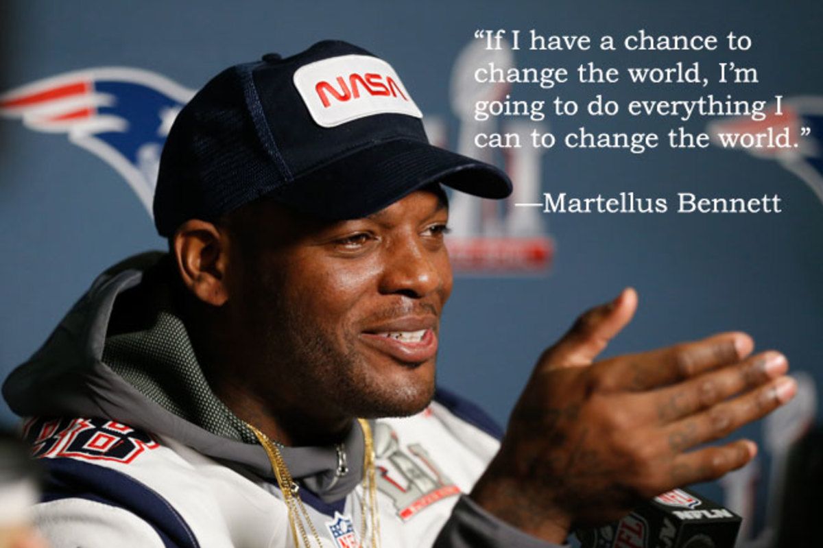 New England Patriots tight end Martellus Bennett addresses the media in Houston.