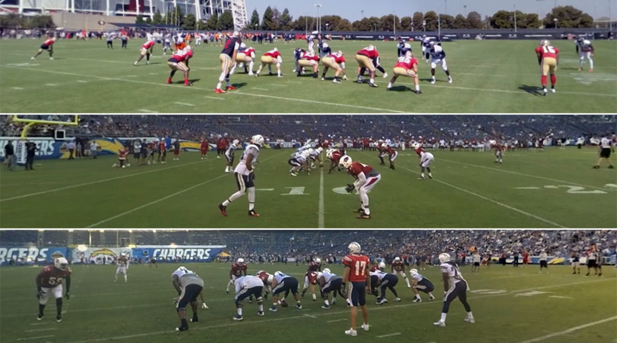 STRIVR captures video from these three positions on the field, mimicking where NFL officials stand.