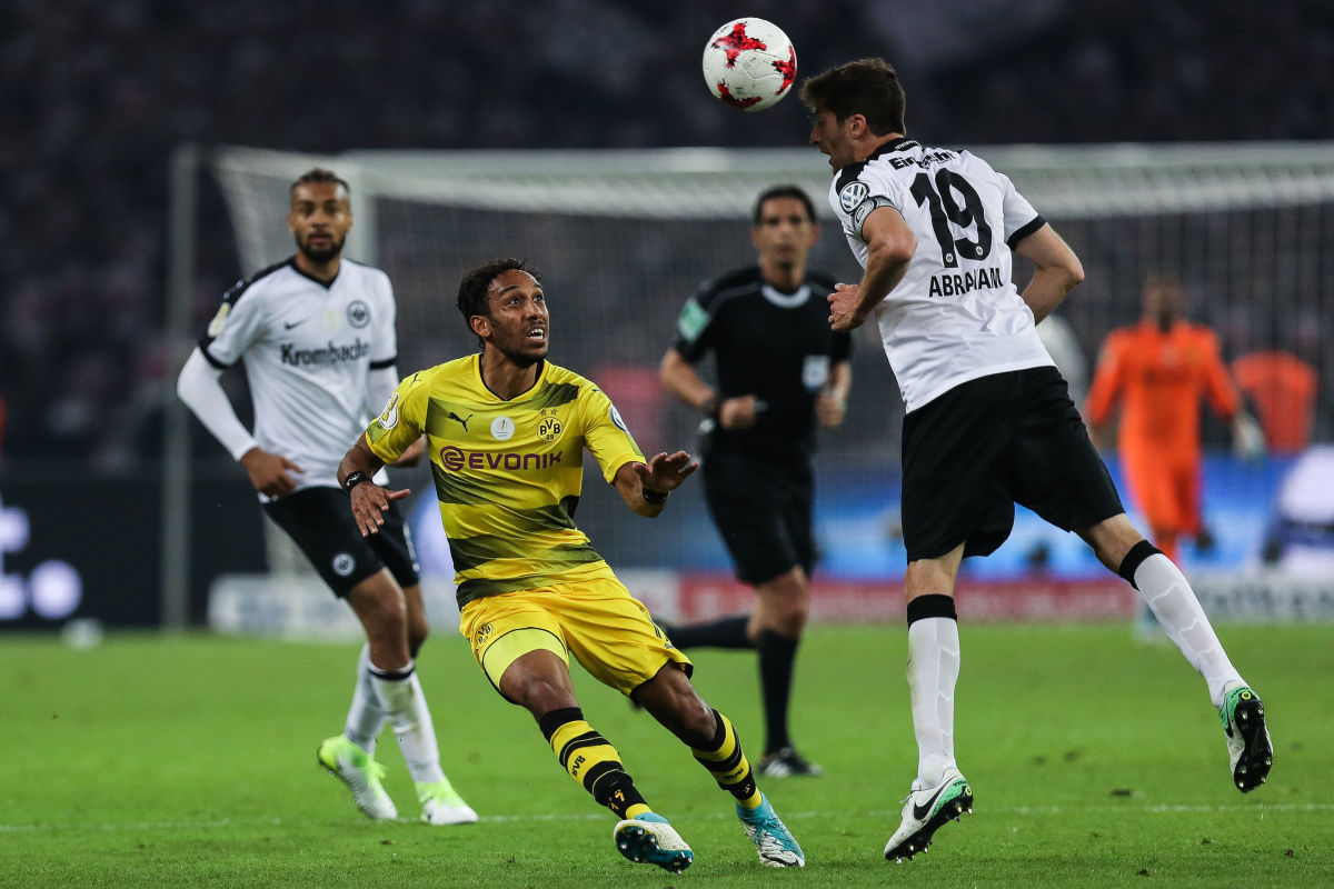 BERLIN, GERMANY - MAY 27: Pierre-Emerick Aubameyang of Dortmund (2L) and David Angel Abraham of Frankfurt (R) battle for the ball during the DFB Cup final match between Eintracht Frankfurt and Borussia Dortmund at Olympiastadion on May 27, 2017 in Berlin, Germany. (Photo by Maja Hitij/Bongarts/Getty Images)