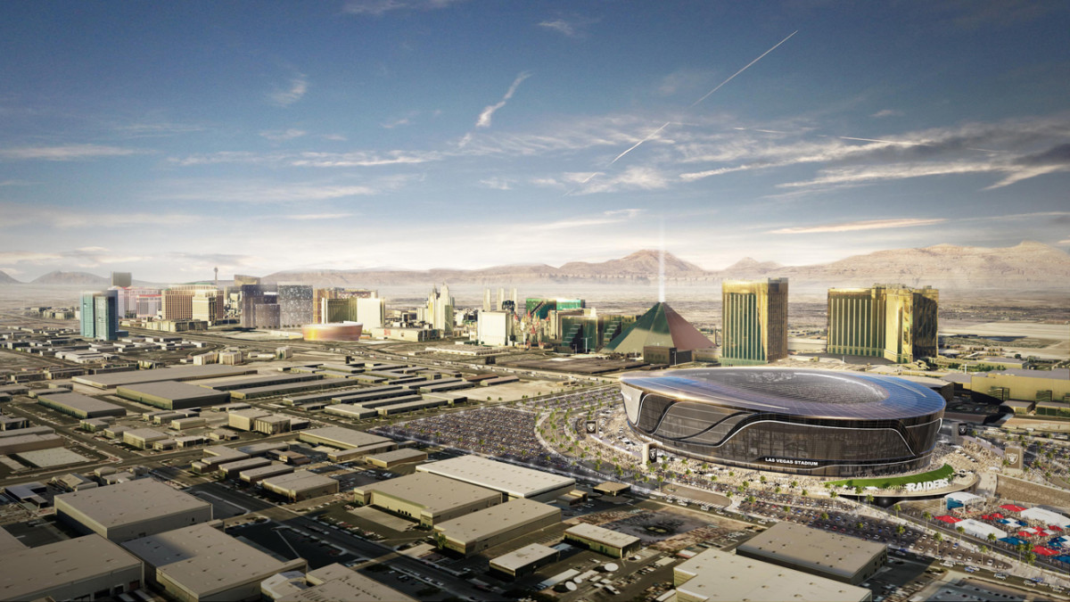 This rendering shows the proposed new Raiders stadium located just south of the Las Vegas strip.