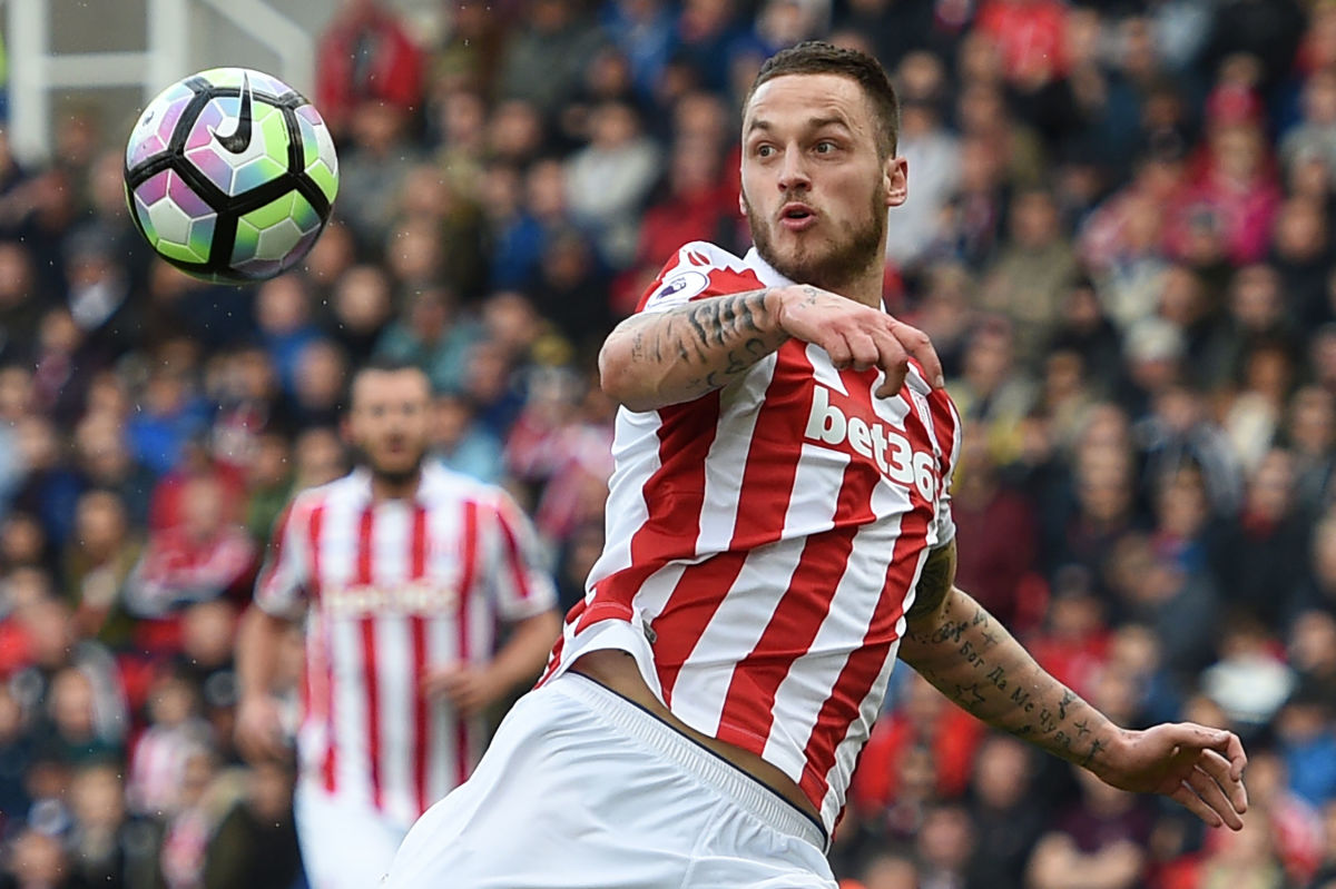 Stoke City's Austrian striker Marko Arnautovic controls the ball during the English Premier League football match between Stoke City and Hull City at the Bet365 Stadium in Stoke-on-Trent, central England on April 15, 2017. / AFP PHOTO / Oli SCARFF / RESTRICTED TO EDITORIAL USE. No use with unauthorized audio, video, data, fixture lists, club/league logos or 'live' services. Online in-match use limited to 75 images, no video emulation. No use in betting, games or single club/league/player publications.  /         (Photo credit should read OLI SCARFF/AFP/Getty Images)