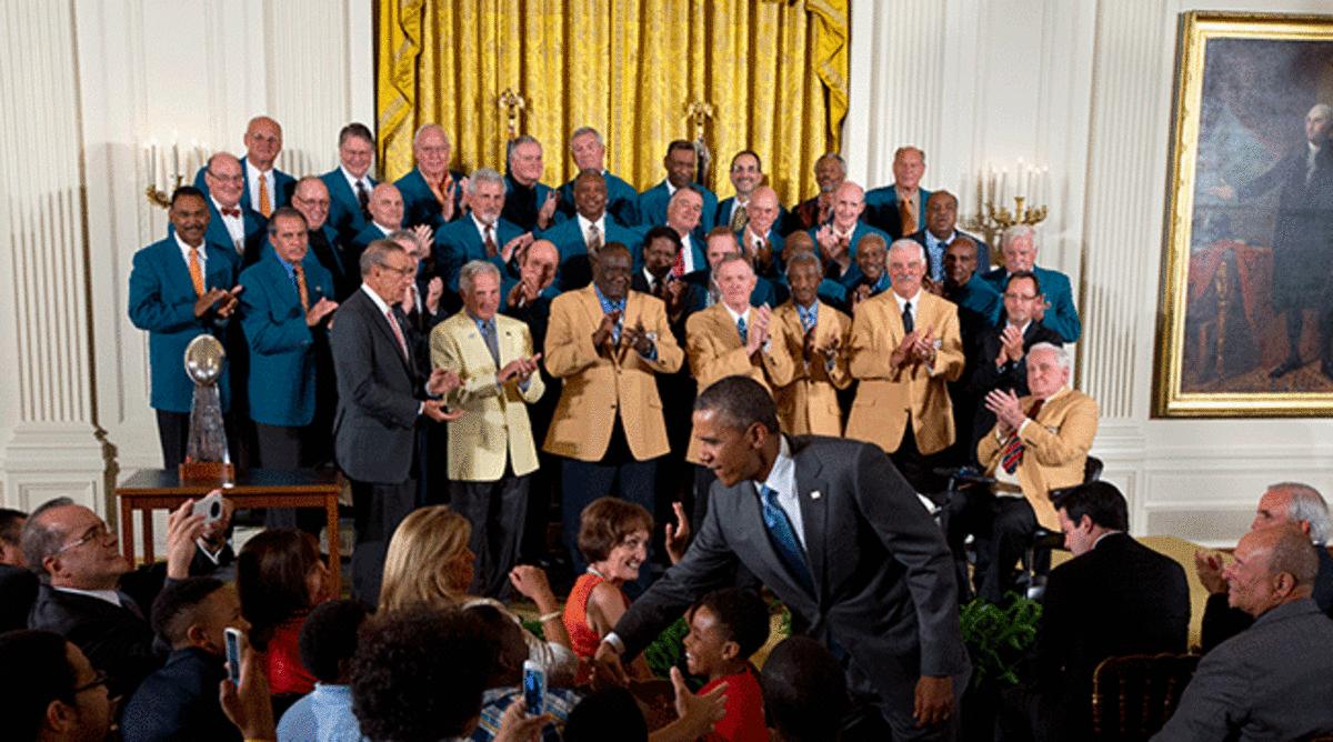 Marv Fleming (back row, fourth from the right) organized a 2013 reception at the White House for the 1972 Perfect Season team. Howard Twilley (third row, third from left), Nick Buoniconti (first row, second from left) and Jim Kiick (second row, fifth from right) all attended.