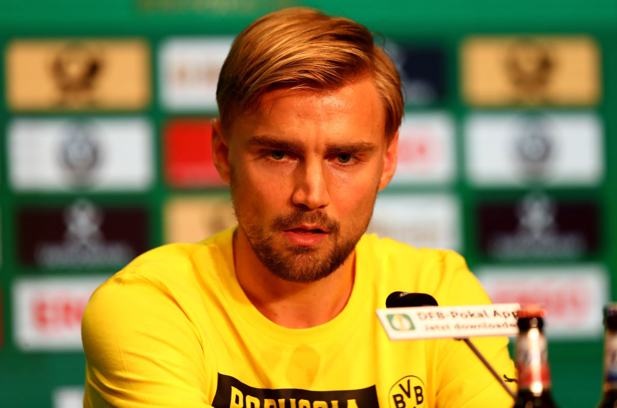 BERLIN, GERMANY - MAY 26:  Team captain of Borussia Dortmund Marcel Schmelzer looks on during the DFB Cup Final 2017 press conference at Olympiastadion on May 26, 2017 in Berlin, Germany.  (Photo by Martin Rose/Bongarts/Getty Images)