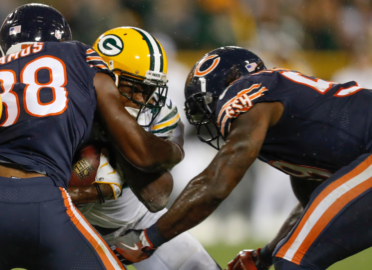 Bears linebacker Danny Trevathan was suspended two games for this helmet-to-helmet hit on Davante Adams.
