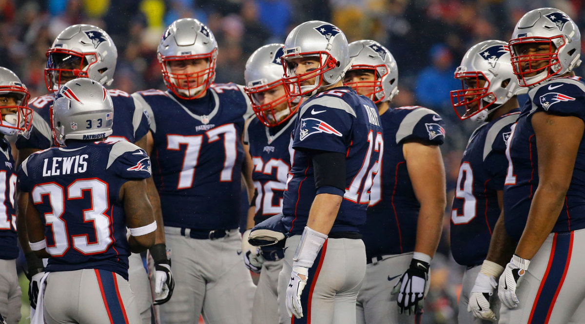 Tom Brady and the New England Patriots’ huddle.