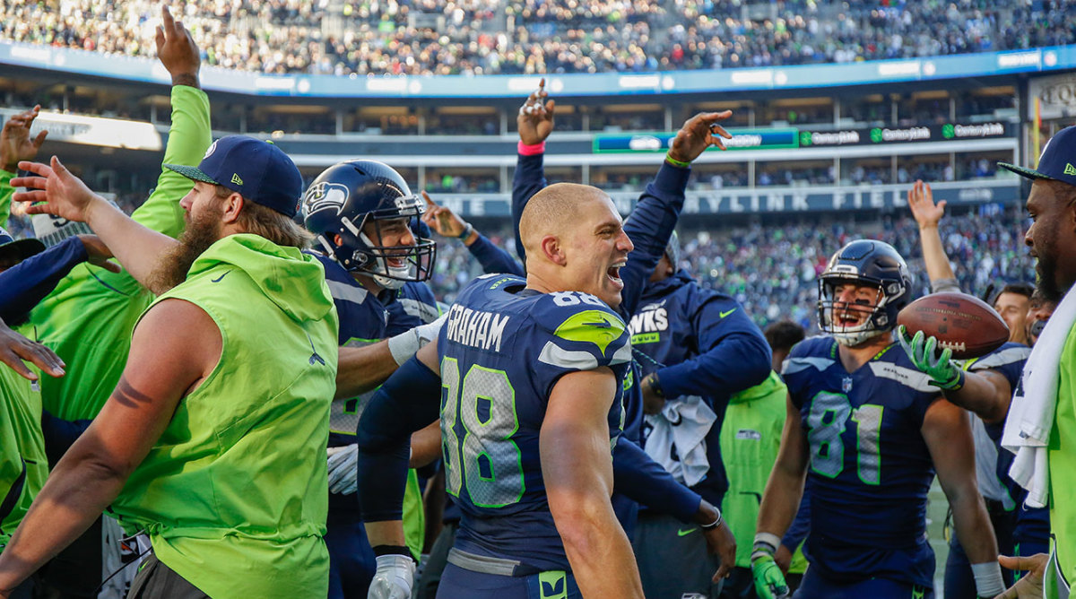 The Seahawks celebrated a dramatic victory over the Texans thanks to a late Jimmy Graham score.