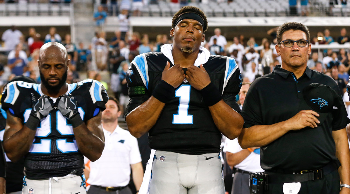 The Panthers aren’t concerned whether Cam Newton stands for the anthem as much as they are with how his surgically repaired shoulder stands up to the rigors of a regular season game.