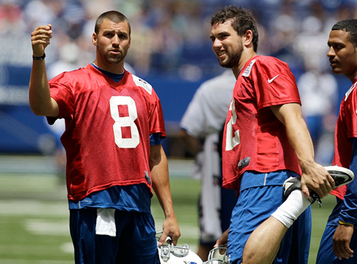 Harnish (left) at OTAs in 2012, with fellow rookie Andrew Luck.