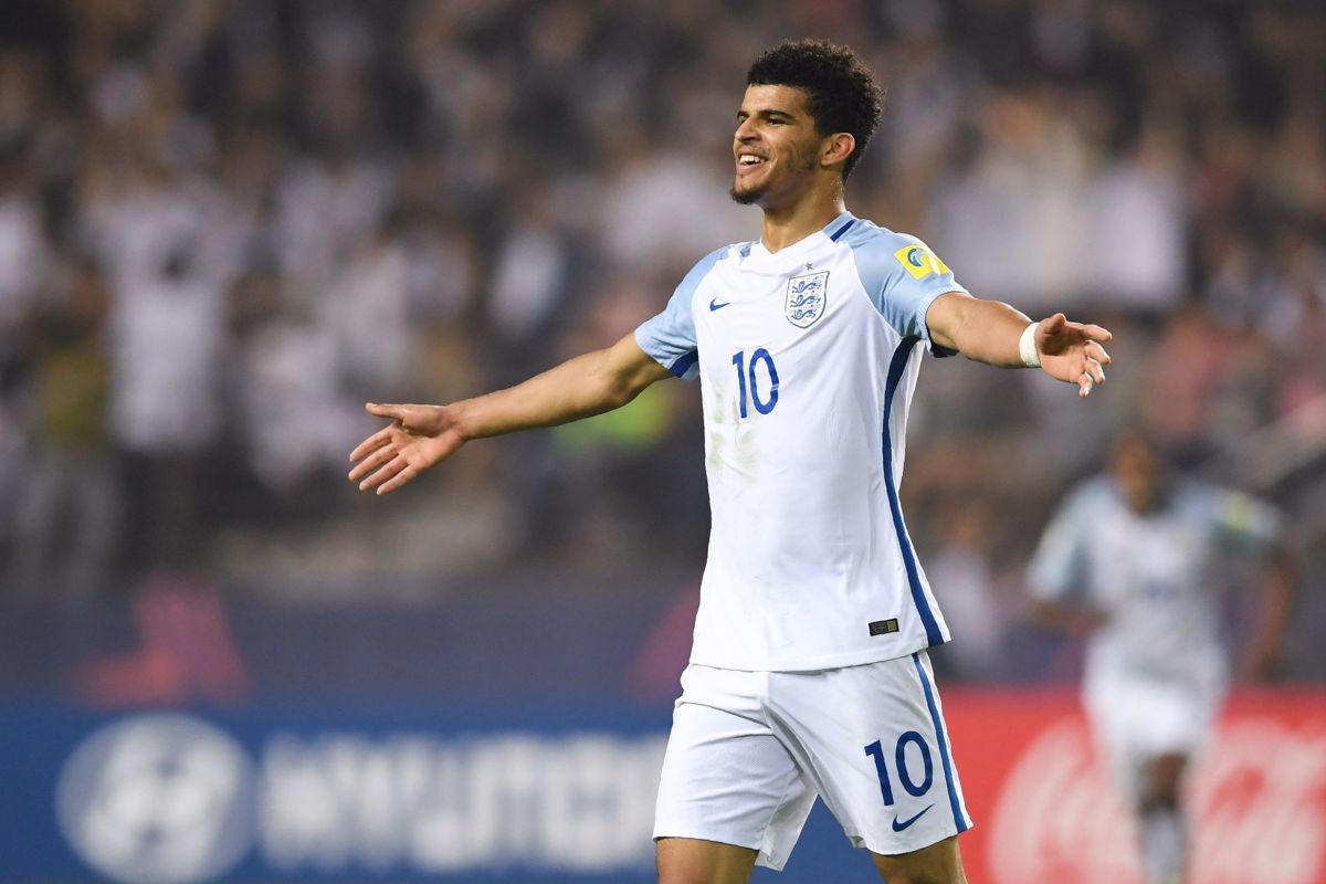 England's forward Dominic Solanke celebrates his goal during the U-20 World Cup semi-final football match between England and Italy in Jeonju on June 8, 2017.  / AFP PHOTO / JUNG Yeon-Je        (Photo credit should read JUNG YEON-JE/AFP/Getty Images)