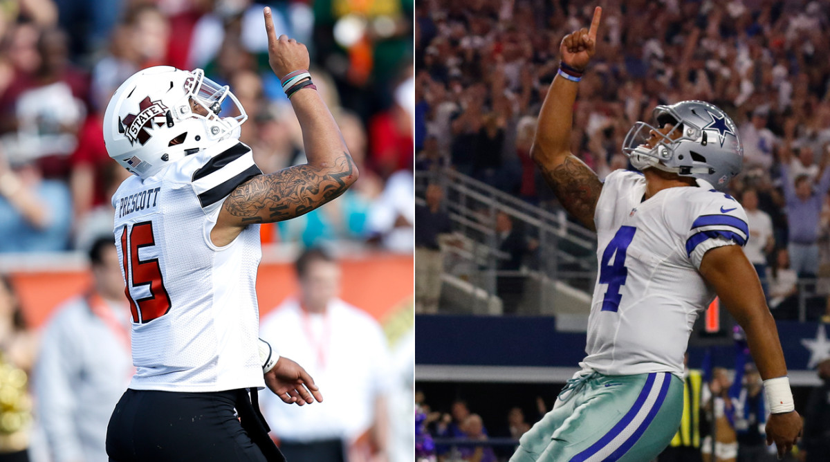 After touchdowns, Prescott points to the sky in memory of his mother, a tradition that began at Mississippi State and has continued with the Cowboys.