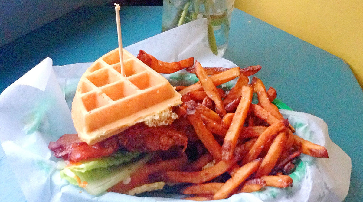 The World Famous serves this chicken and waffle club sandwich until 2 a.m. six nights a week. 