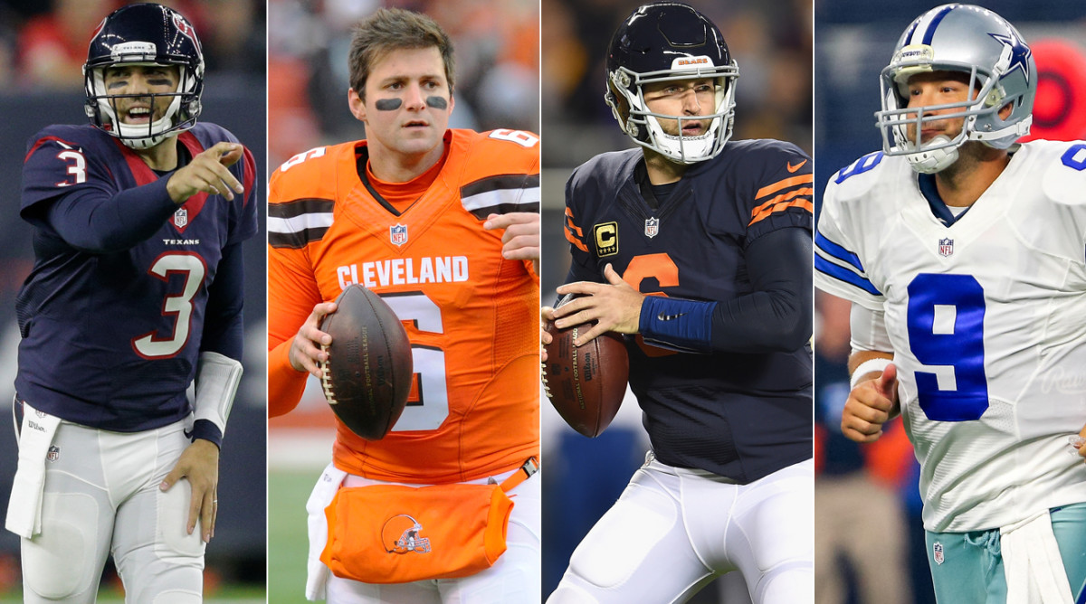 Tom Savage and Cody Kessler (left) will have starting quarterback jobs in 2017; Jay Cutler and Tony Romo will not.