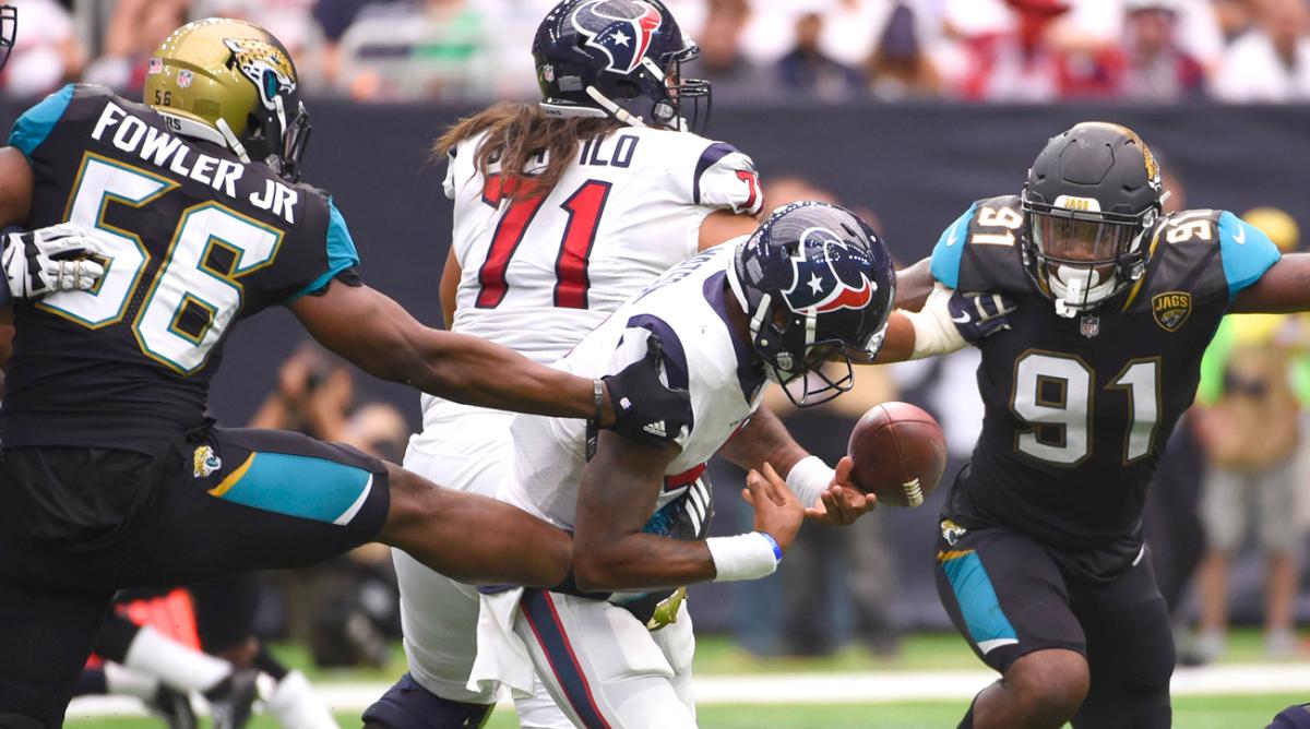 Jaguars defensive end Dante Fowler sacks and strips Texans QB Deshaun Watson.