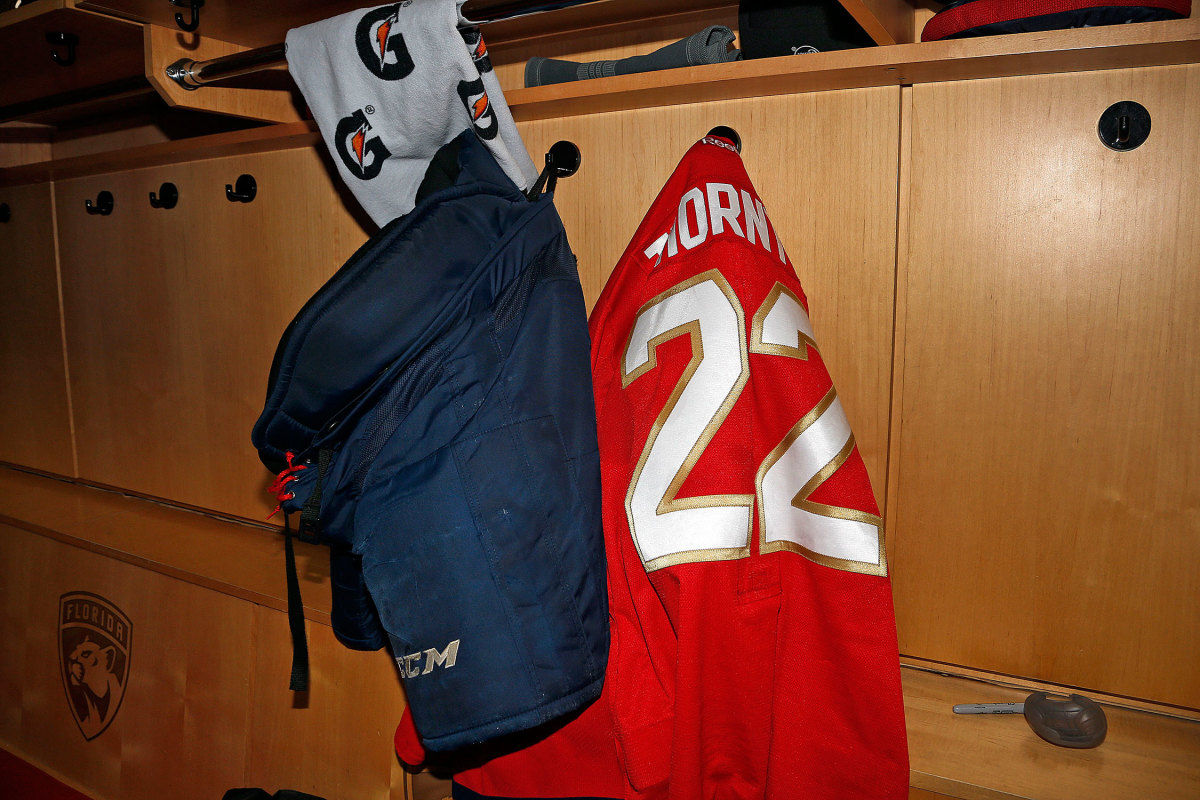 Shawn Thornton #22 of the Florida Panthers hung his jersey in his locker after his final NHL game.