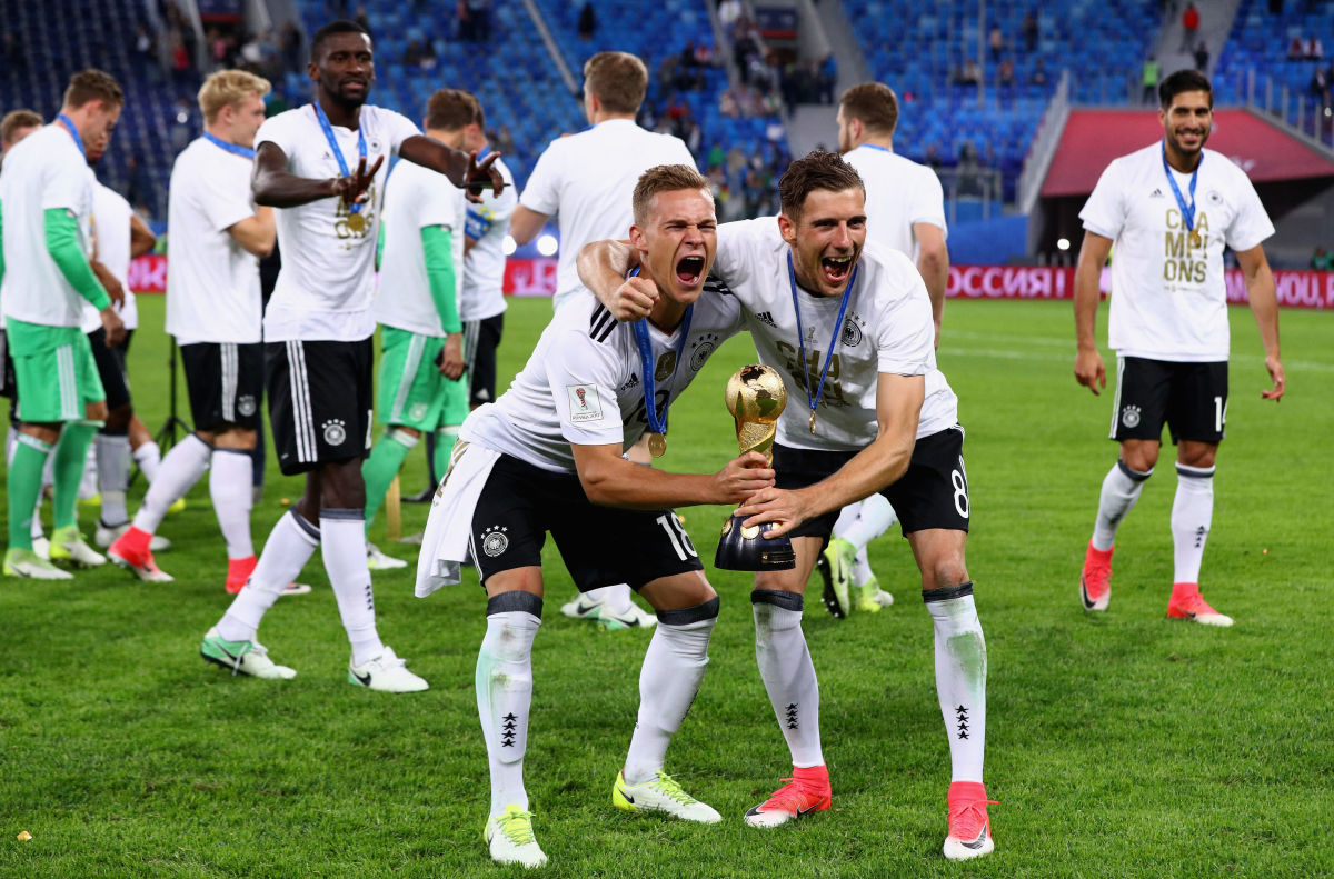 SAINT PETERSBURG, RUSSIA - JULY 02:  Joshua Kimmich of Germany and Leon Goretzka of Germany celebrate with the trophy after the FIFA Confederations Cup Russia 2017 Final between Chile and Germany at Saint Petersburg Stadium on July 2, 2017 in Saint Petersburg, Russia.  (Photo by Buda Mendes/Getty Images)