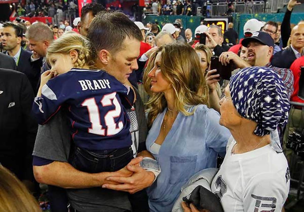 Tom with wife Gisele, mother Galynn and daughter Vivian after Super Bowl 51.