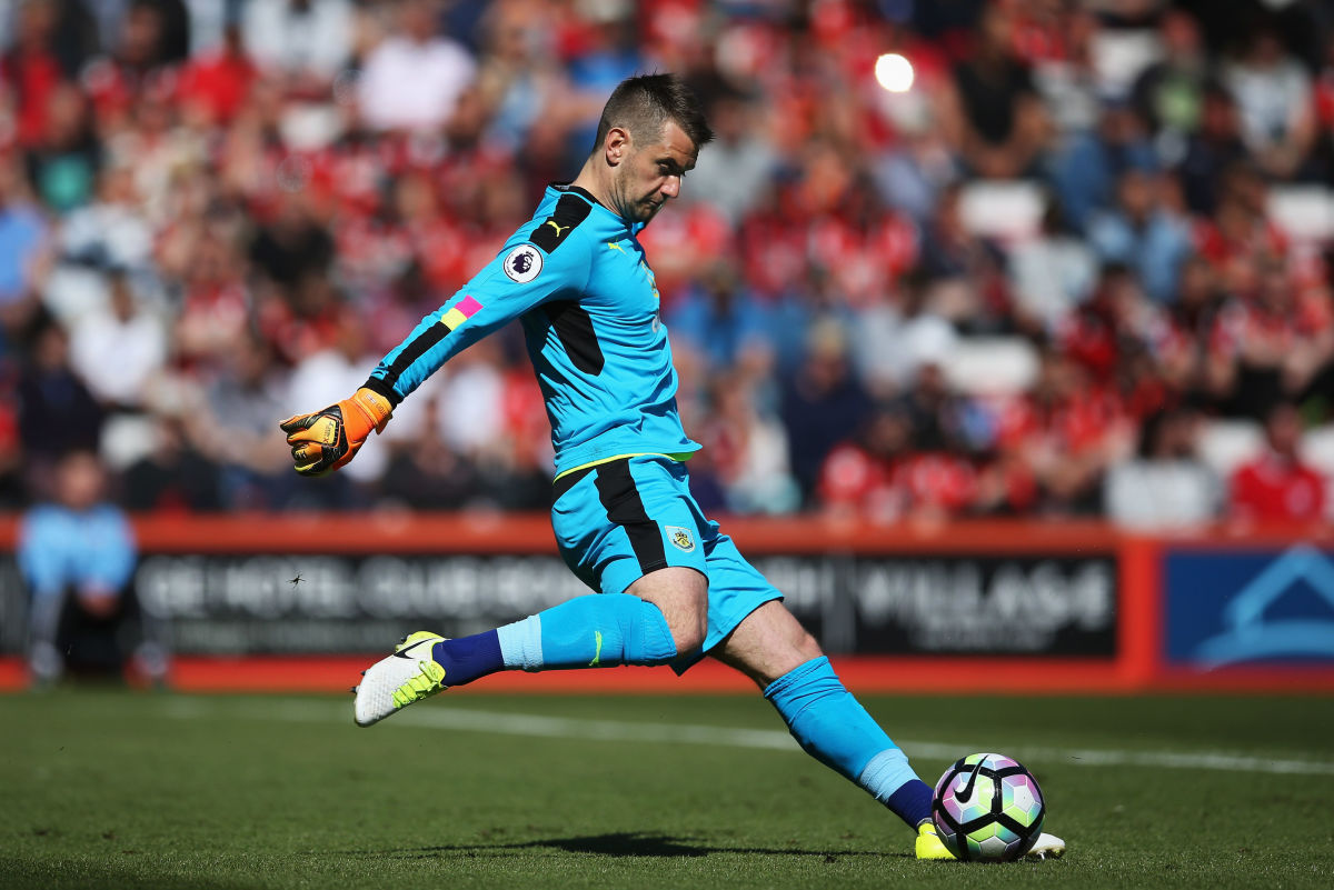 BOURNEMOUTH, ENGLAND - MAY 13:  Thomas Heaton of Burnley kicks the ball during the Premier League match between AFC Bournemouth and Burnley at Vitality Stadium on May 13, 2017 in Bournemouth, England.  (Photo by Steve Bardens/Getty Images)