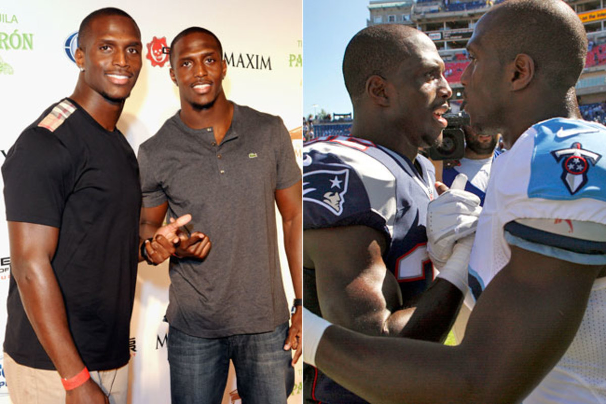 Jason McCourty (far l. and far r.) hasn’t been to the postseason while his twin brother Devin is making his sixth straight trip to the AFC title game.