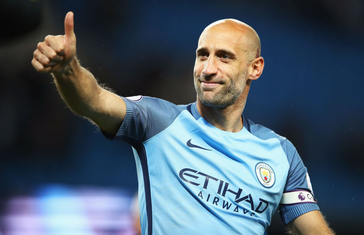 MANCHESTER, ENGLAND - MAY 16:  Pablo Zabaleta of Manchester City shows appreciation to the fans after the Premier League match between Manchester City and West Bromwich Albion at Etihad Stadium on May 16, 2017 in Manchester, England.  (Photo by Clive Mason/Getty Images)