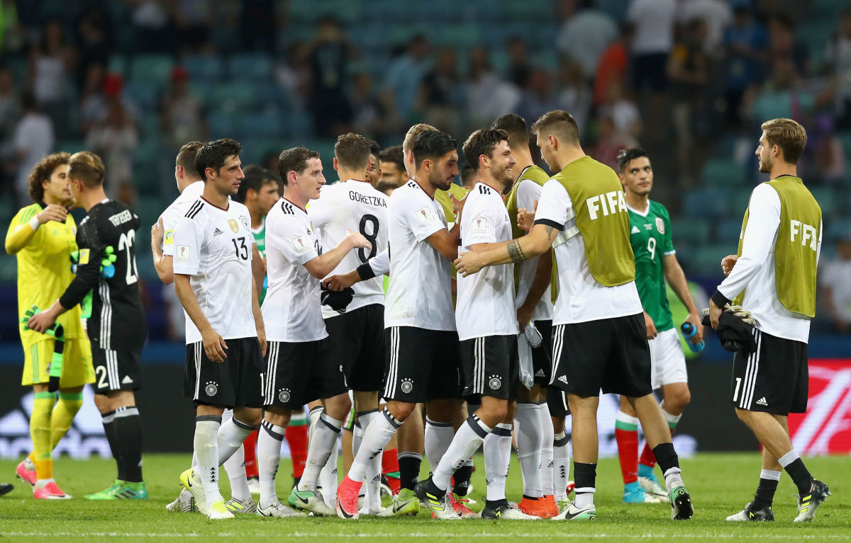 SOCHI, RUSSIA - JUNE 29:  Germany players celebrate their 4-1 victory in the FIFA Confederations Cup Russia 2017 Semi-Final between Germany and Mexico at Fisht Olympic Stadium on June 29, 2017 in Sochi, Russia.  (Photo by Dean Mouhtaropoulos/Getty Images)