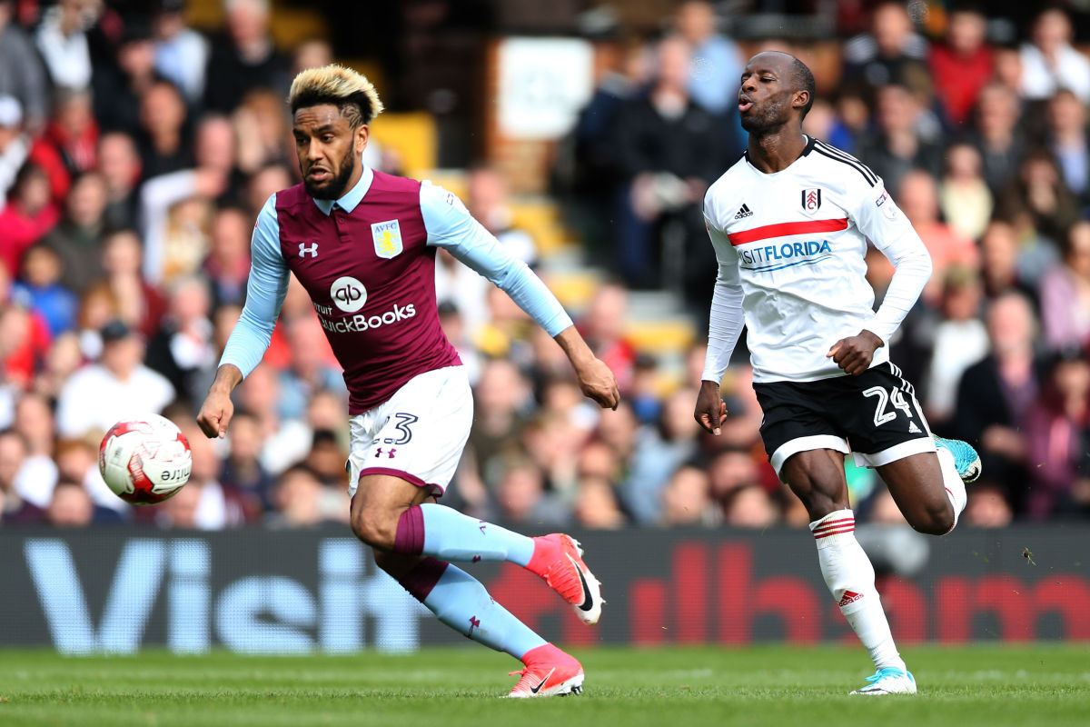 LONDON, ENGLAND - APRIL 17:  Jordan Amavi of Aston Villa and Sone Aluko of Fulham in action  during the Sky Bet Championship match between Fulham and Aston Villa at Craven Cottage on April 17, 2017 in London, England.  (Photo by Alex Pantling/Getty Images)