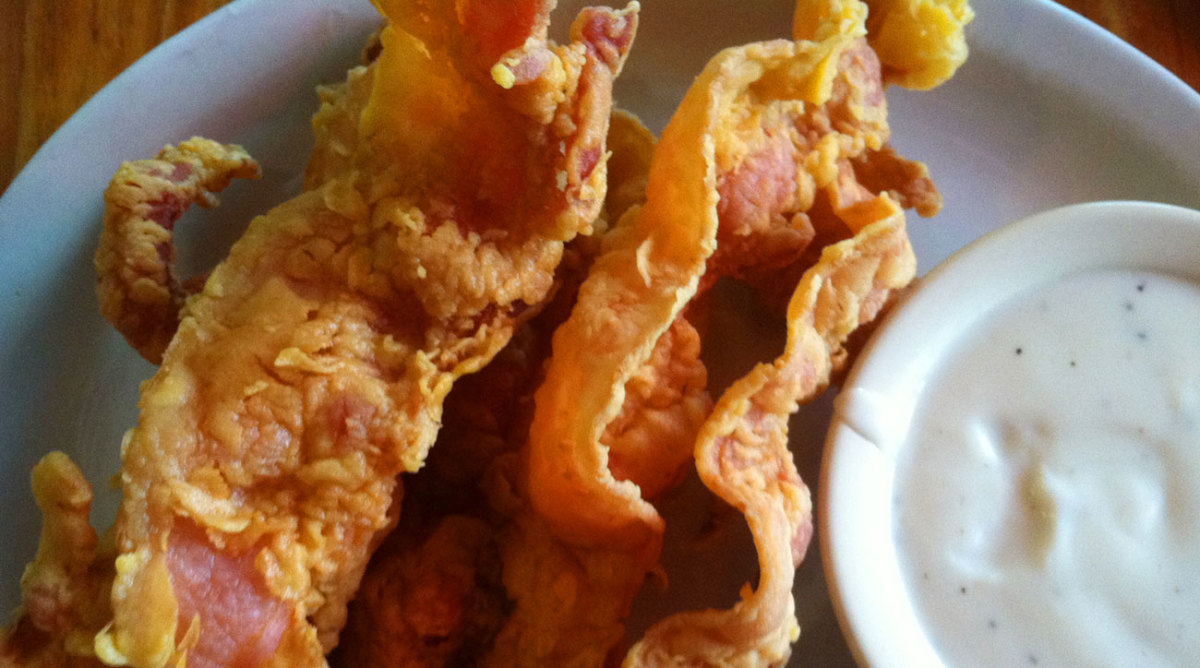 Chicken fried bacon from Sodolak's in Snook, Texas. 