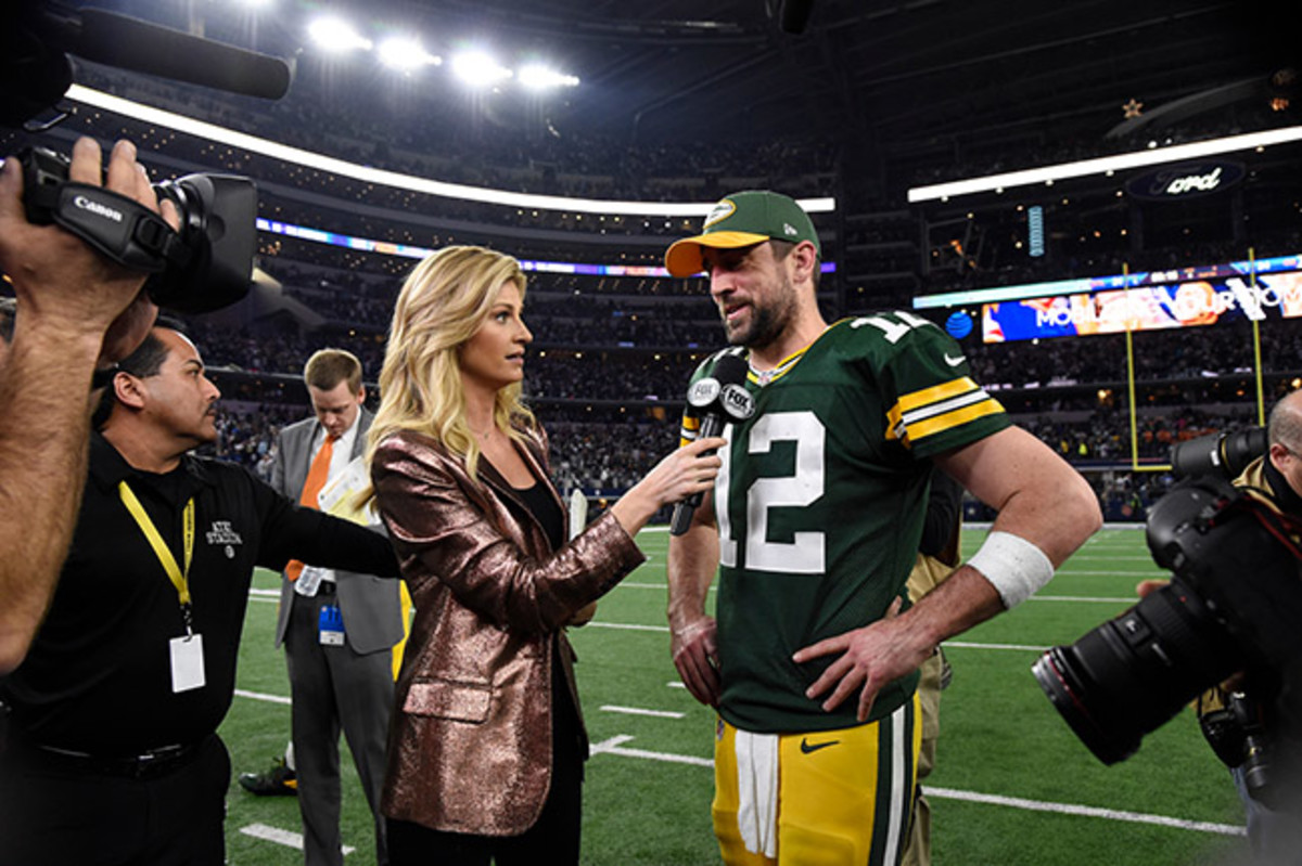 Andrews at her happiest: Interviewing Packers QB Aaron Rodgers post-game.