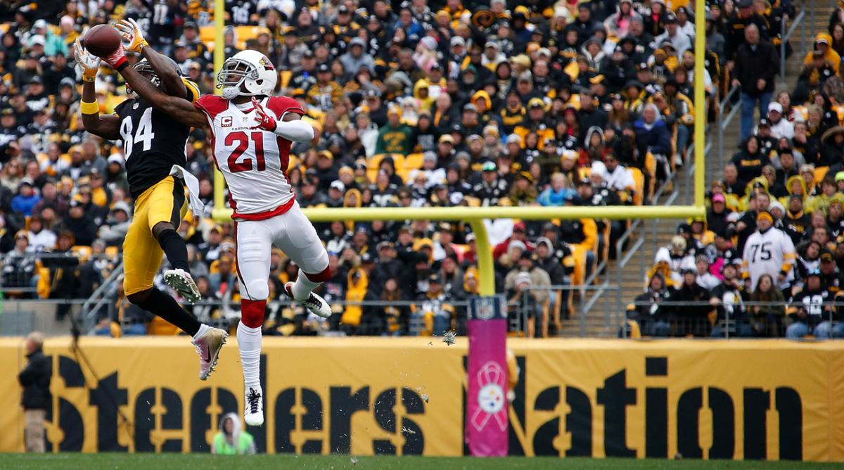 Peterson gets in front of Antonio Brown and knocks down a pass at Heinz Field in Oct. 2015. 

