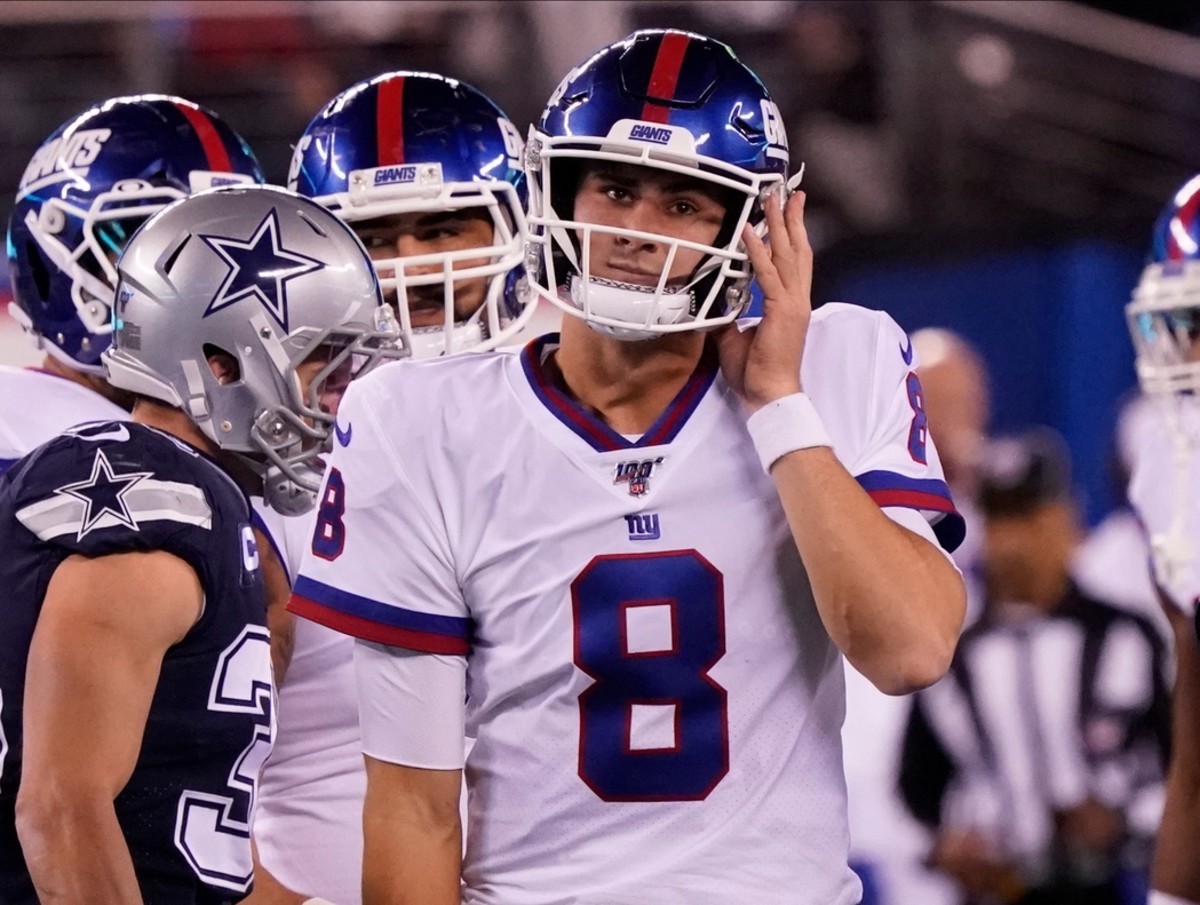 Nov 4, 2019; East Rutherford, NJ, USA; New York Giants quarterback Daniel Jones (8) after being sacked by the Cowboys at MetLife Stadium.
