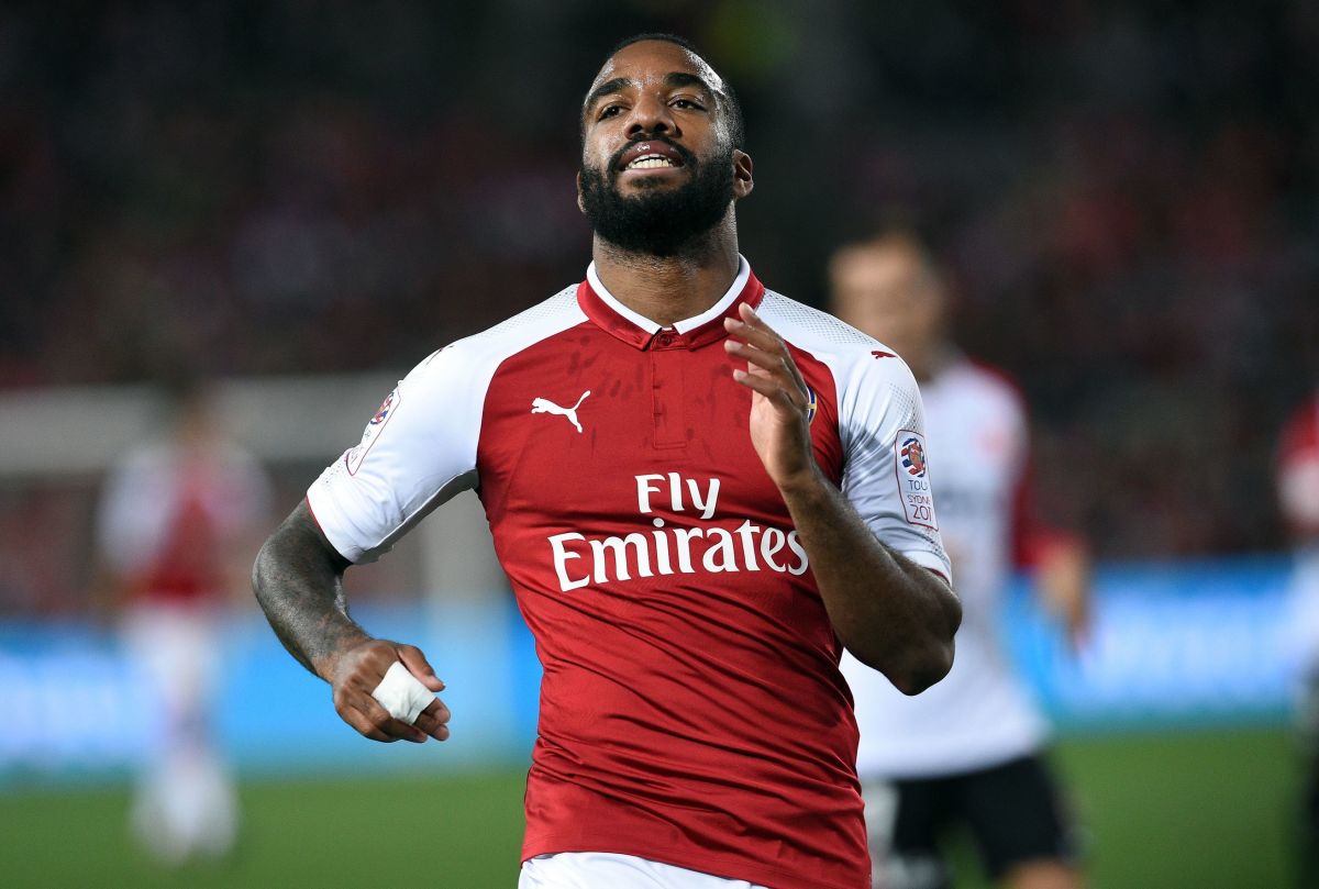 Arsenal player Alexandre Lacazette takes on Western Sydney Wanderers in their pre-season football friendly played in Sydney on July 15, 2017. / AFP PHOTO / SAEED KHAN        (Photo credit should read SAEED KHAN/AFP/Getty Images)